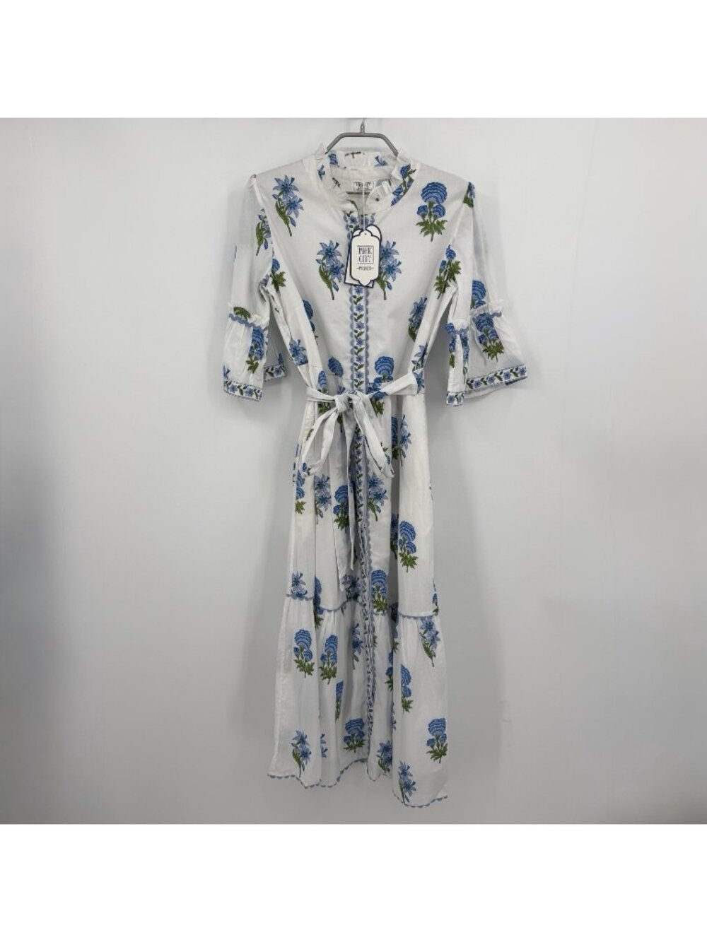 Pink City Prints Cobalt Lilly Panama Dress Size S Belted Cotton Maxi Shirt NWT